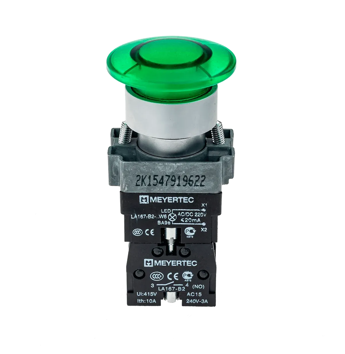 MTB2-BW3613 MEYERTEC Кнопка грибовидная с LED подсветкой без фиксации, 24V AC/DC, 1NO, зеленый, Ø40 мм, металл 2 MTB2-BW3613 MEYERTEC Кнопка грибовидная с LED подсветкой без фиксации, 24V AC/DC, 1NO, зеленый, Ø40 мм, металл — изображение 2