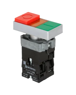 MTB2-BW8463 MEYERTEC Кнопка двойная с LED подсветкой, 220V AC/DC, красный/зеленый,1NO+1NC, выступающий толкатель, металл