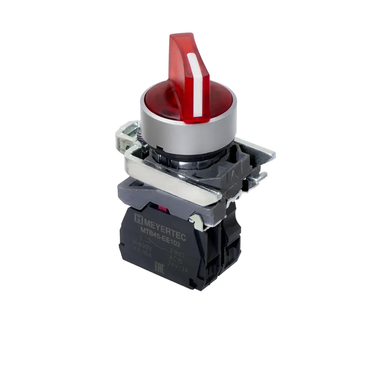 MTB4-BK34721 MEYERTEC Переключатель на 3 положения с фиксацией и подсветкой, красный, 1NС, 24V AC/DC, IP65, металл 1 MTB4-BK34721