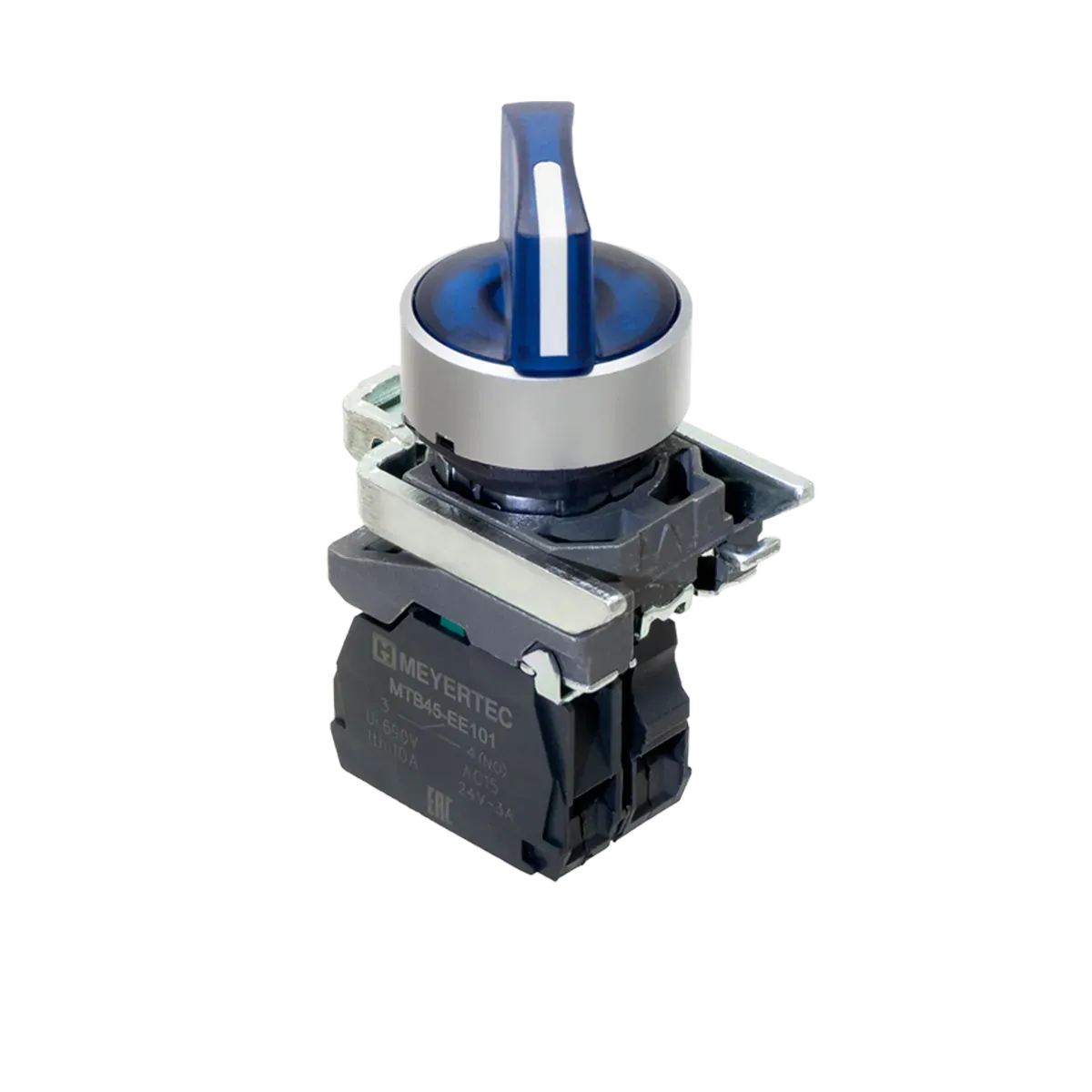 MTB4-BK36713 MEYERTEC Переключатель на 3 положения с фиксацией и подсветкой, синий, 1NO, 220V AC/DC, IP65, металл 1 MTB4-BK36713