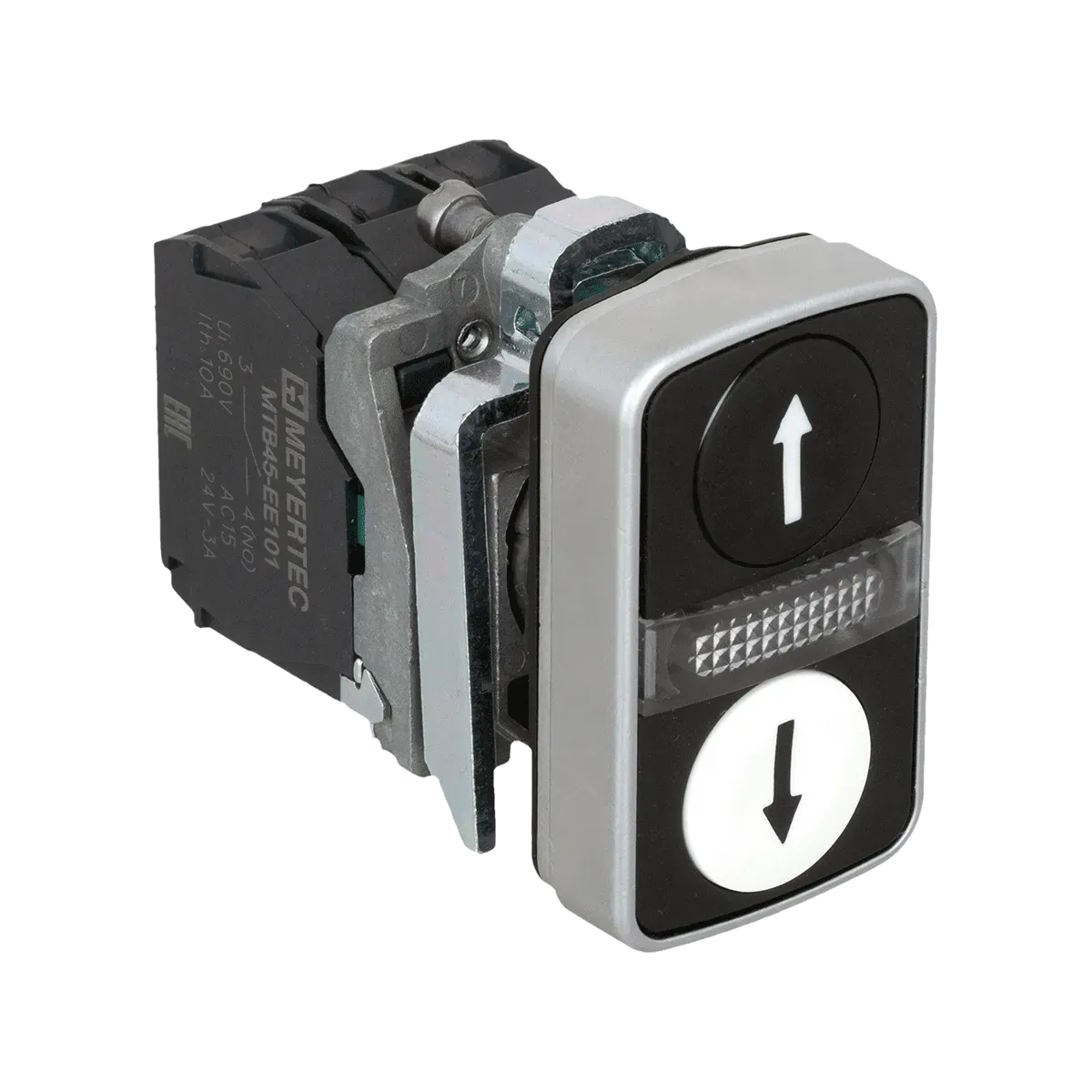 MTB4-BW28117 MEYERTEC Кнопка двойная плоская с подсветкой, черная/белая, маркировка "стрелки вверх-вниз", 2NO, 220V AC/DC, IP65, металл 2 MTB4-BW28117 MEYERTEC Кнопка двойная плоская с подсветкой, черная/белая, маркировка "стрелки вверх-вниз", 2NO, 220V AC/DC, IP65, металл — изображение 2