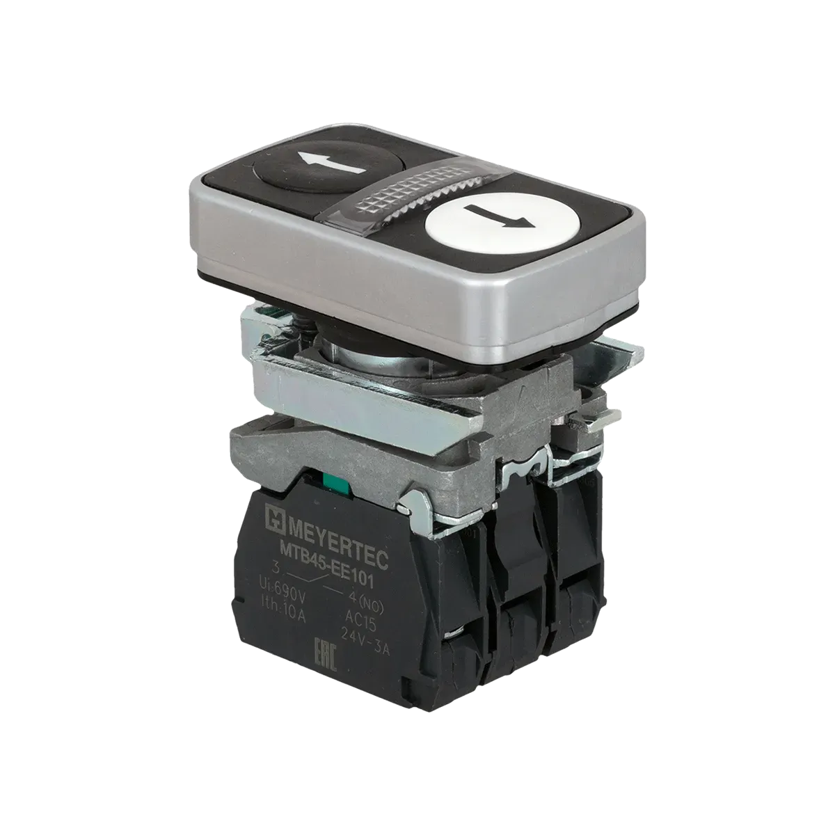 MTB4-BW28117 MEYERTEC Кнопка двойная плоская с подсветкой, черная/белая, маркировка "стрелки вверх-вниз", 2NO, 220V AC/DC, IP65, металл 1 MTB4-BW28117