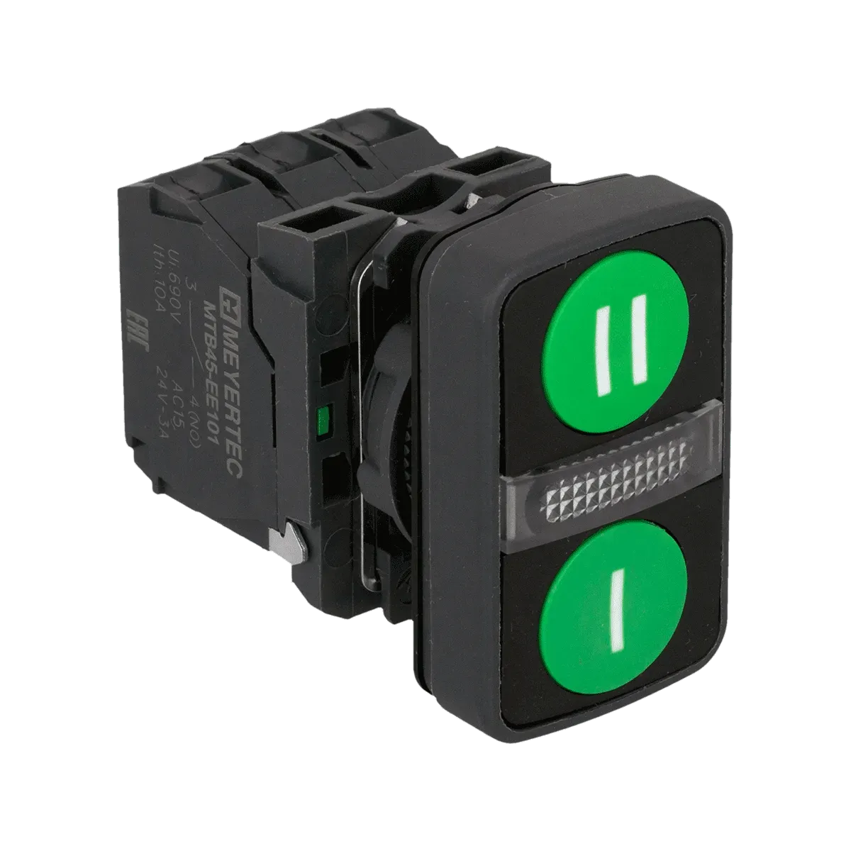MTB5-AW26317 MEYERTEC Кнопка двойная плоская с подсветкой, зеленая, маркировка "I+II", 2NO, 220В, IP65, пластик 2 mtb5-aw26317-knopka-dvojnaya-_2.webp