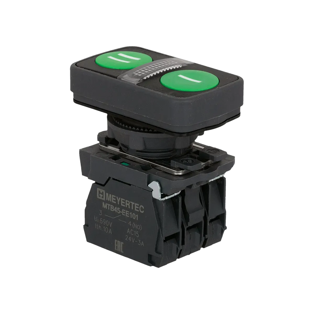 MTB5-AW26317 MEYERTEC Кнопка двойная плоская с подсветкой, зеленая, маркировка "I+II", 2NO, 220В, IP65, пластик 1 mtb5-aw26317-knopka-dvojnaya_1.webp