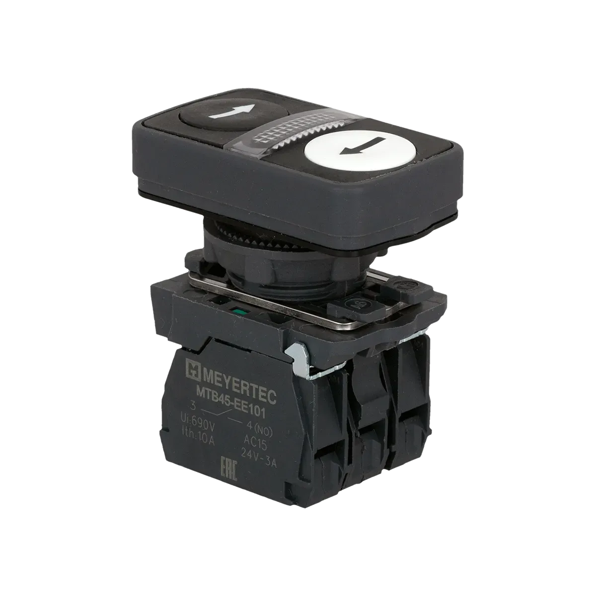 MTB5-AW35117 MEYERTEC Кнопка двойная плоская с подсветкой, черная/белая, маркировка "стрелки влево-вправо", 2NO, 220В, IP65, пластик 1 mtb5-aw35117-knopka-dvojnaya_1.webp